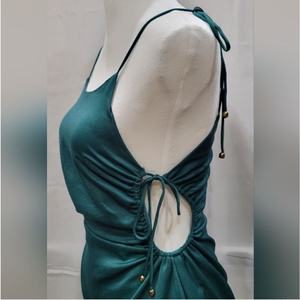 Sleeveless Teal Side-Ruched Tie Dress